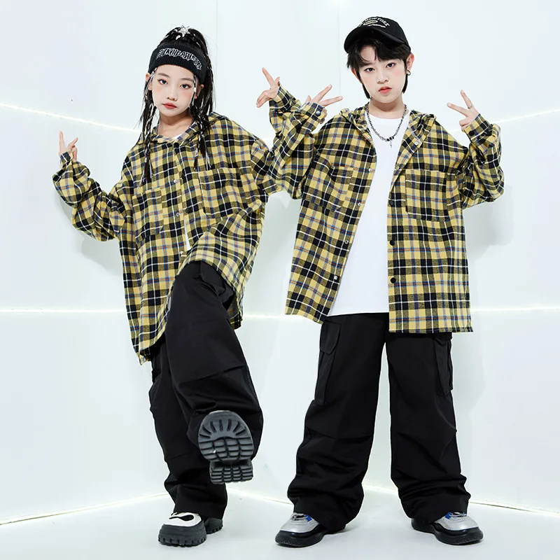 Neue Jazz Dance Kleidung Mädchen Hip Hop Kostüm Lose Kariertes Hemd Schwarze Hosen Jungen Breaking Street Dance Outfit Lange Ärmel Anzug