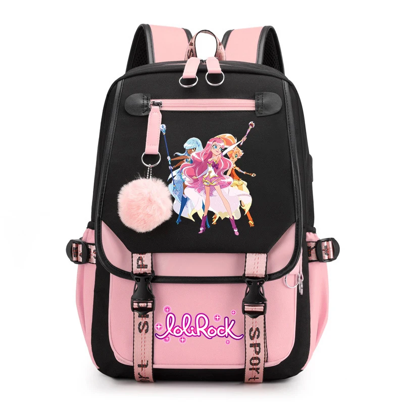 Zaino di ricarica USB Lolirock Print zaini Anime per scuola adolescente ragazze Fluffy Ball Bookbag Cartoon Lolirock School Bags