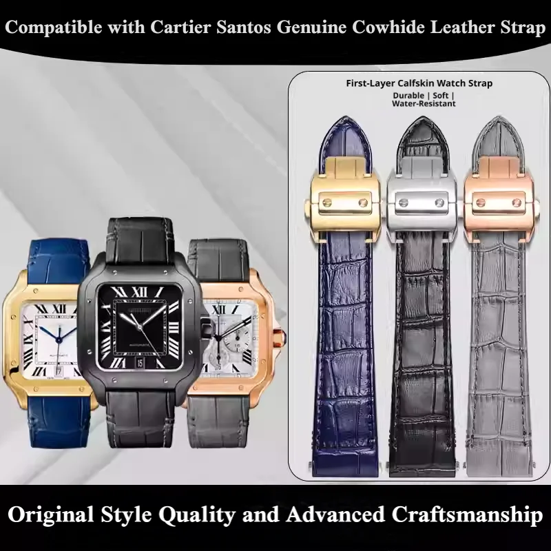 Quick release Bamboo grain genuine cowhide leather watchband for CARTIER Santos stainless steel joint watch strap bracelet