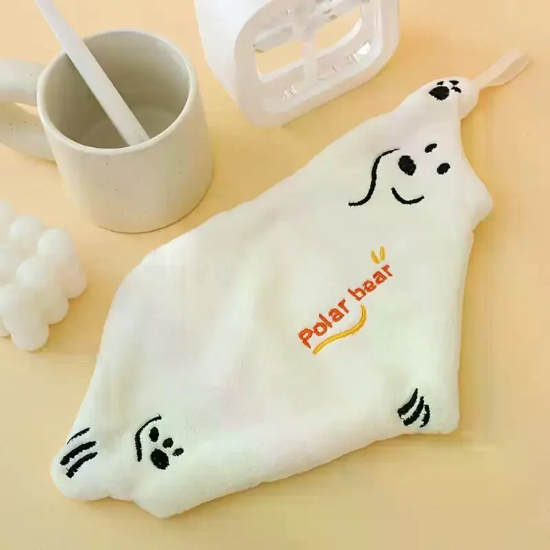 Fotografia 3: Toalha de Cozinha Super Absorvente em Fleece Coral com Design de Urso Polar, Prática para Pendurar
