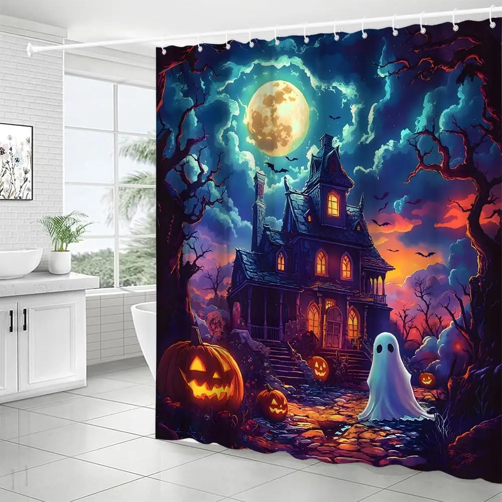 Halloween Haunted House Shower Curtain Gothic Full Moon Spooky Castle Ghost Pumpkins Lantern Dead Tree Bats Courtyard Blue Purpl