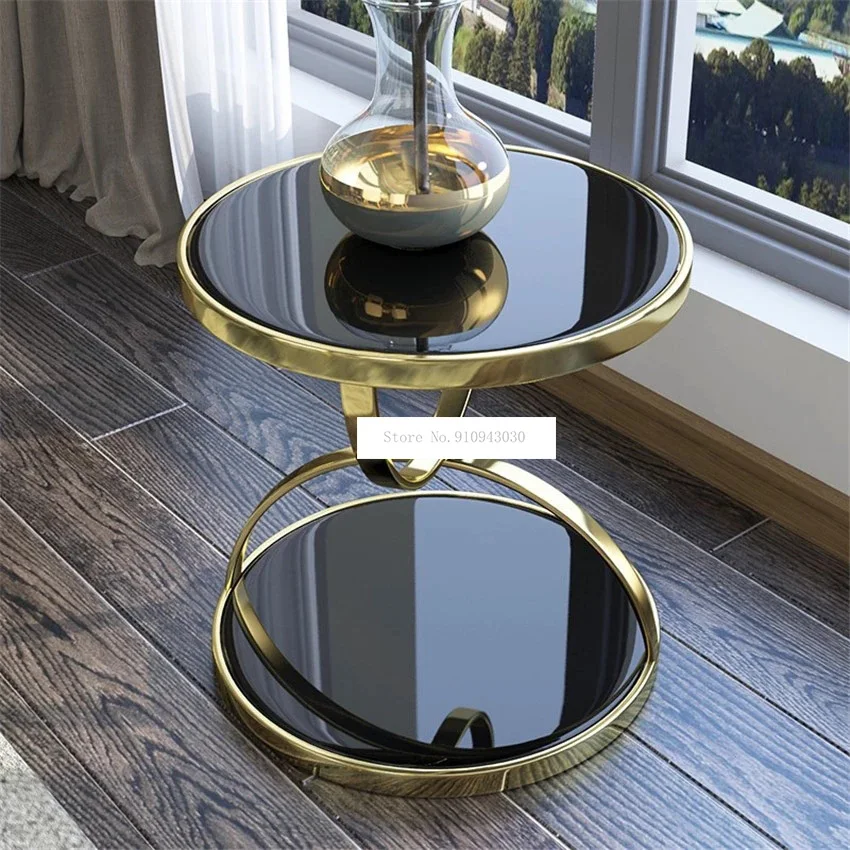 

Nordic Luxury Gold Round Tea Table Double Layer Iron Frame Toughened Glass Living Room Sofa Side Bedside Balcony Leisure Table