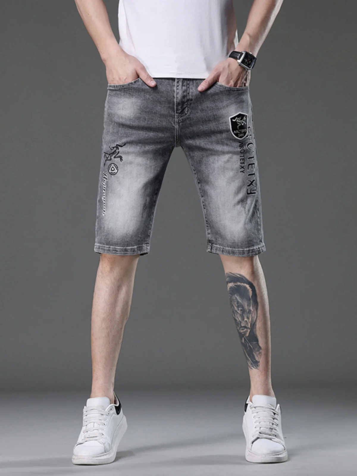 

Summer Thin Straight Leg Casual Printed Rhinestone Korean High Street Five-Quarter Elastic Jeans Men's orts Cotton Stretch ...