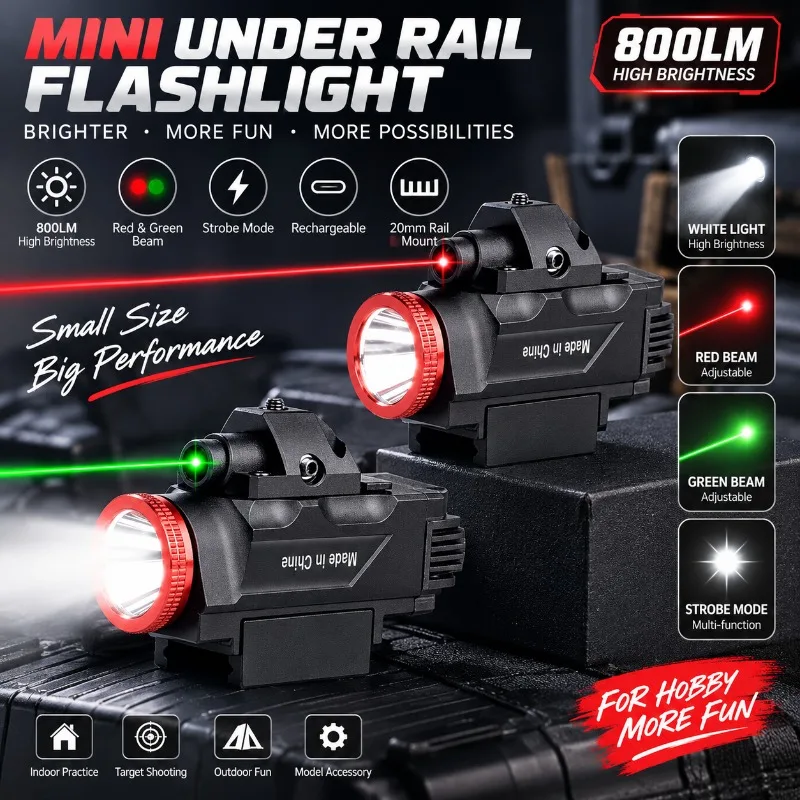 Mini Under Rail Flashlight 800LM High Brightness Strobe Light with Adjustable Red & Green Beam Hobby Model Accessory