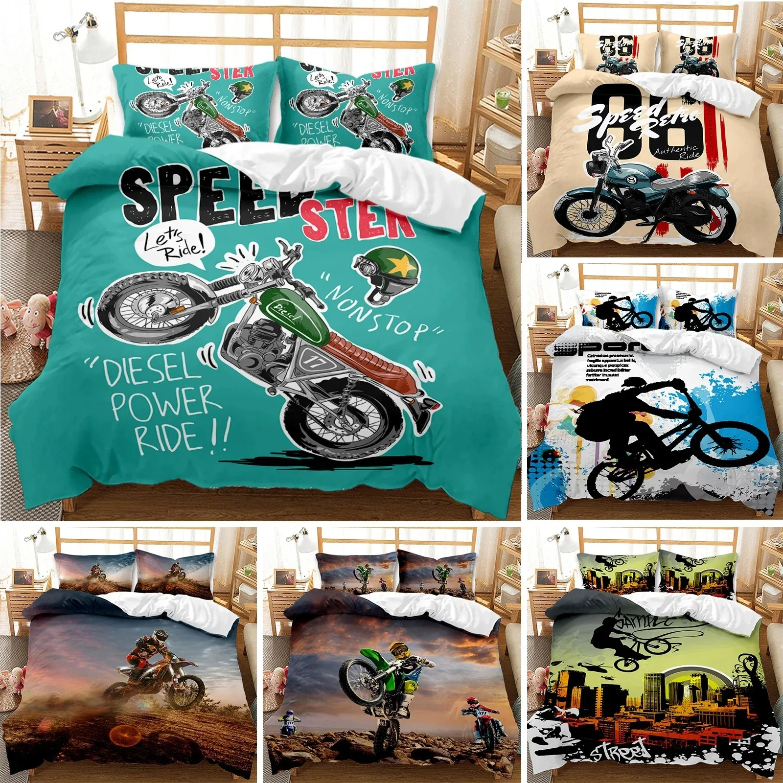 

Motocross Rider Bedding Set Extreme Sports Duvet Cover Kids Teens Men Motorcycle Comforter Cover Dirt Bike Polyester Quilt Cover