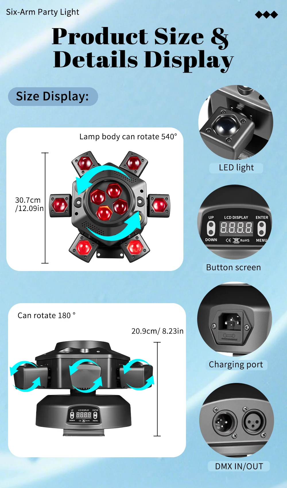 NOVALUX 160W 6-Arm Bee Eye LED Moving Head Licht RGBW Beam Strobe DMX512 Tonaktivierte Rotierende Bühnenbeleuchtung für DJ Disco Bar Party Hochzeit Nachtclub EU – Detail 2