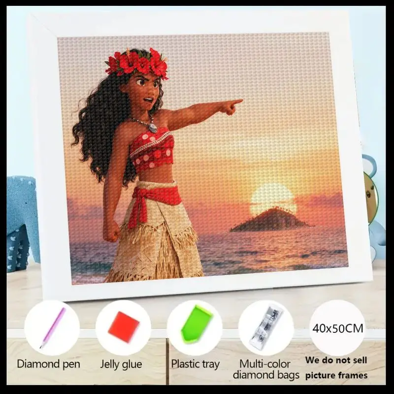 Kit di pittura diamante 5D Disney Moana Adventure, set completo di ricamo con strass di cristallo fai da te, principessa tropicale tramonto O
