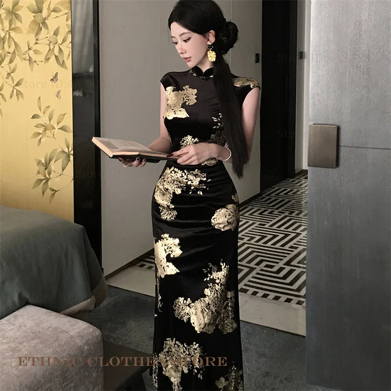 

Винтажное бархатное женское длинное традиционное китайское платье Cheongsam, восточный костюм, сексуальное тонкое бронзовое вечернее платье с разрезом, Vestidos