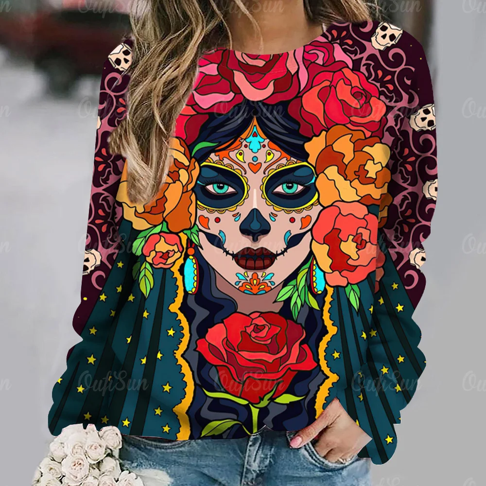 Vintage Skull Cotton T-shirt For Women Y2k Print Harajuku Long Sleeve Tops Autumn O Neck Oversized Sweater Female Casual Clothes