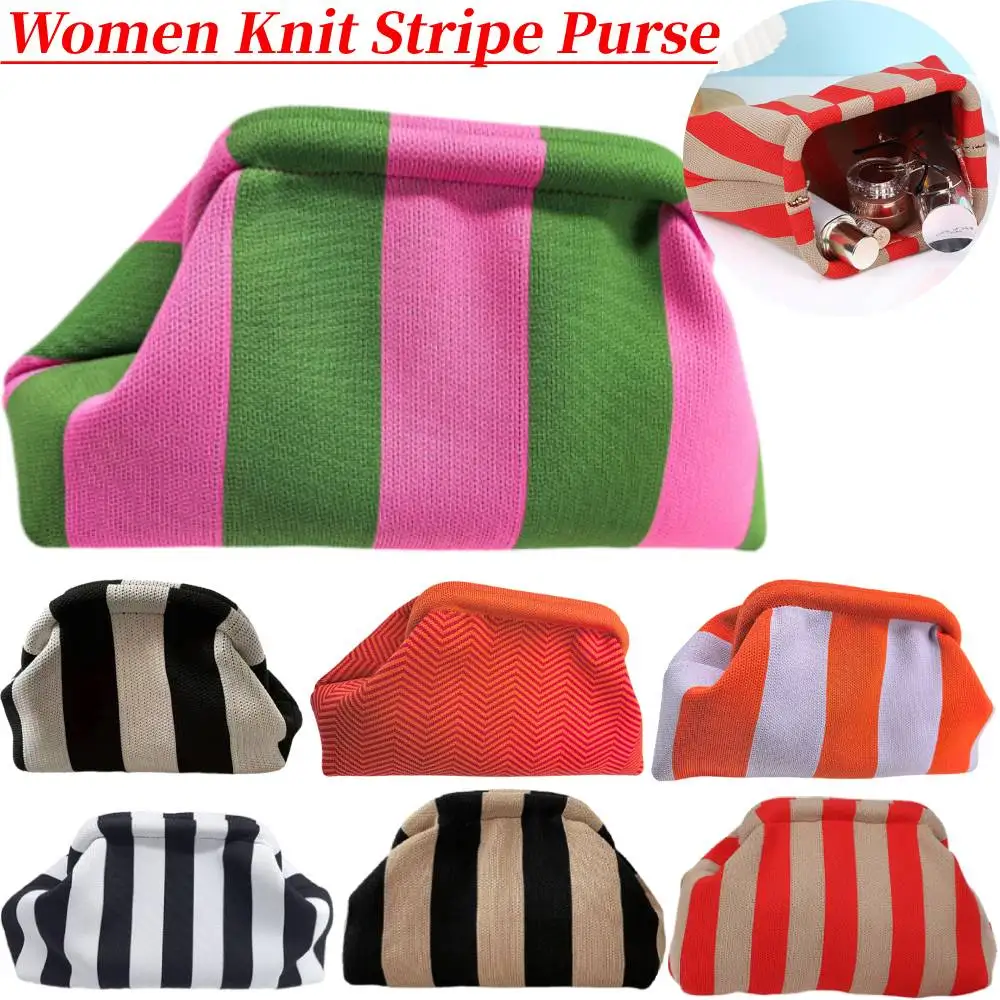 Women Knit Stripe Purse Contrast Crochet Handbag Knitting Dumpling Clutch Summer Beach Clutch Bag Cloud Casual Colorblock Bags