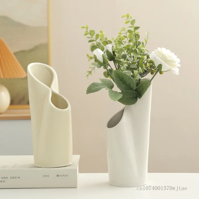 Nordic Style Ceramic Vases Black/White/Creamy Yellow, Double-port, Home Decoration, Living Room, Bedroom, Table, Flower Vase 1pc