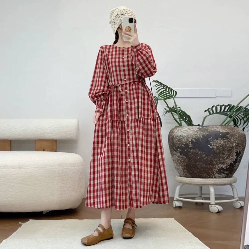 Japanese Mori Girl Vintage Plaid Single Breasted Cotton Shirt Dress Women Autumn New O-Neck Long Sleeve Casual Loose Dresses