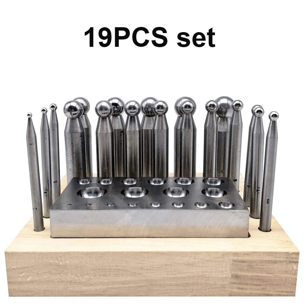 19PCS High Quality Steel Dapping Punch Doming Block Punches Kit for Jewelry Metal Round Beads Forming Making with Wooden Base