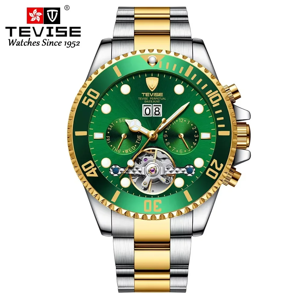 Men Hollow Tourbillon Automatic Mechanical Watch Casual Calendar Week Glow-in-the-dark Waterproof Multi-functional Sports Watch