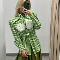 Autumn Green Plaid Floral Appliques Blouse Women Elegant Turn-down Collar Long Sleeve Shirts 2023 Female Casual Tops Coat