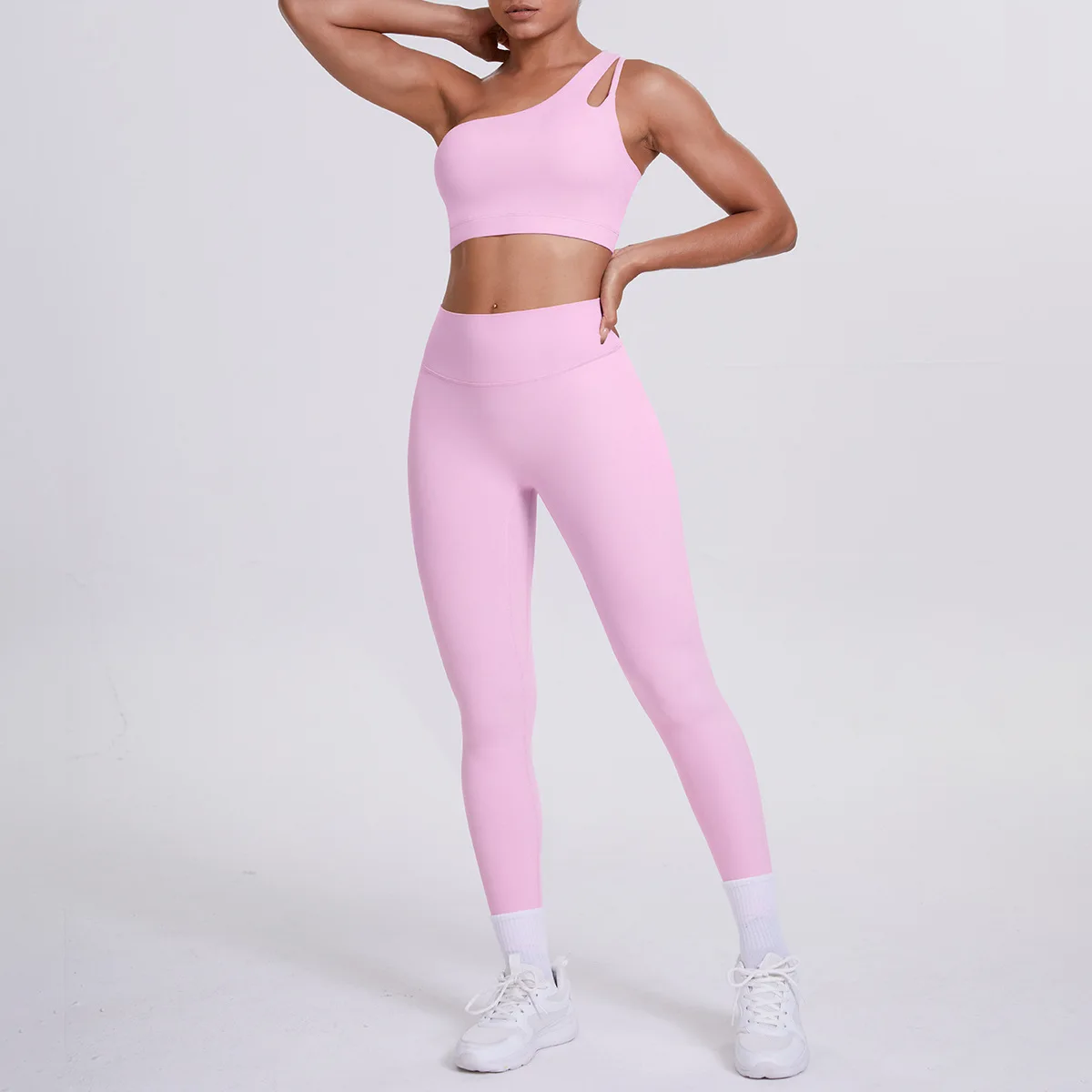 

Женский комплект для йоги, спортивный бюстгальтер на одно плечо, брюки с высокой талией и подъемом бедер, комплект из 2 предметов для бега и фитнеса в тренажерном зале