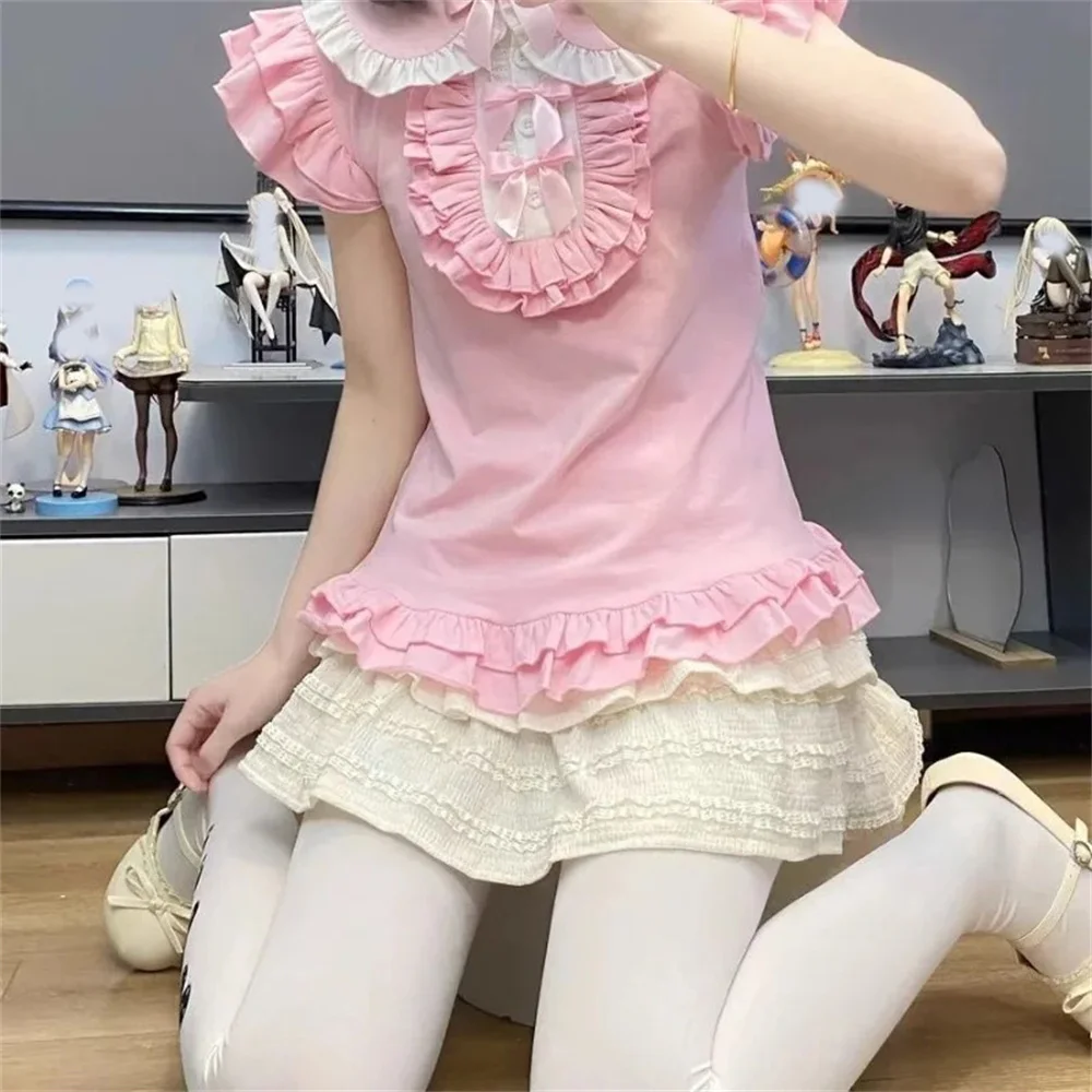 

Розовый сладкий бант Лолита Женская тонкая кружевная лоскутная футболка Укороченный топ Y2k Эстетические гранж-кролики Футболки с ушками Harajuku Уличная одежда