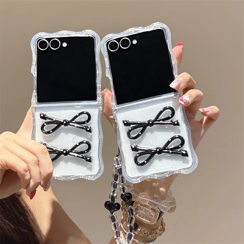 

Чехол для телефона с 3D-браслетом и черным бантом для Samsung Galaxy Z Flip 7 FE 6 3 4 5-волновый противоударный чехол