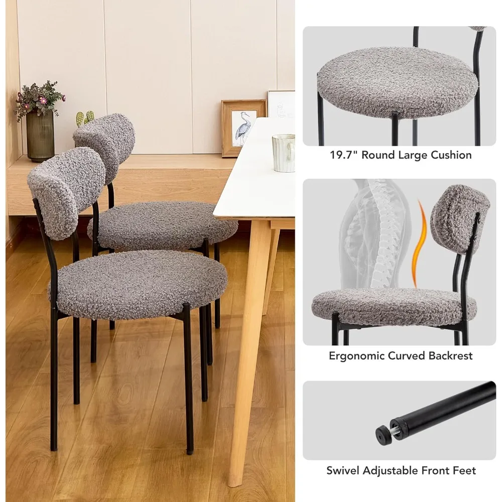Boucle Dining Chairs,Holiday Chairs, Round Widened Upholstered Chairs, Modern Mid Century Style, Sturdy and Comfy with Black Met