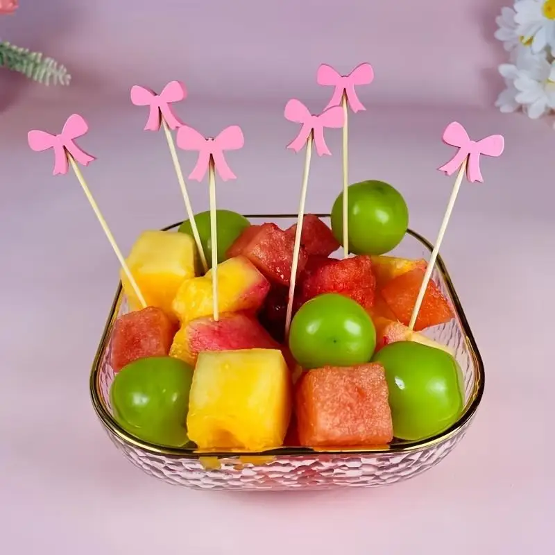 100pcs Bow Wooden Cocktail Picks Disposable Bamboo Fruit Skewers For Wedding Birthday Party Decor Cupcake Toppers Appetizer