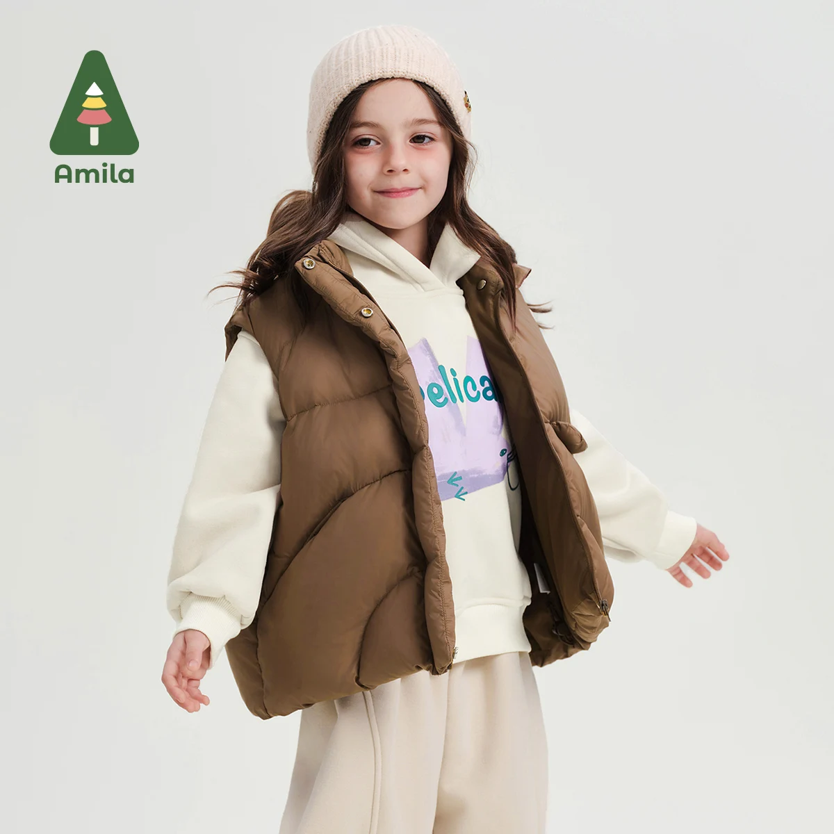 Amila Baby Vest 2024 Winter New Style Girls Solid White Duck Down Warm Soft And Skin-Friendly Loose Casual Children\'s Jacket