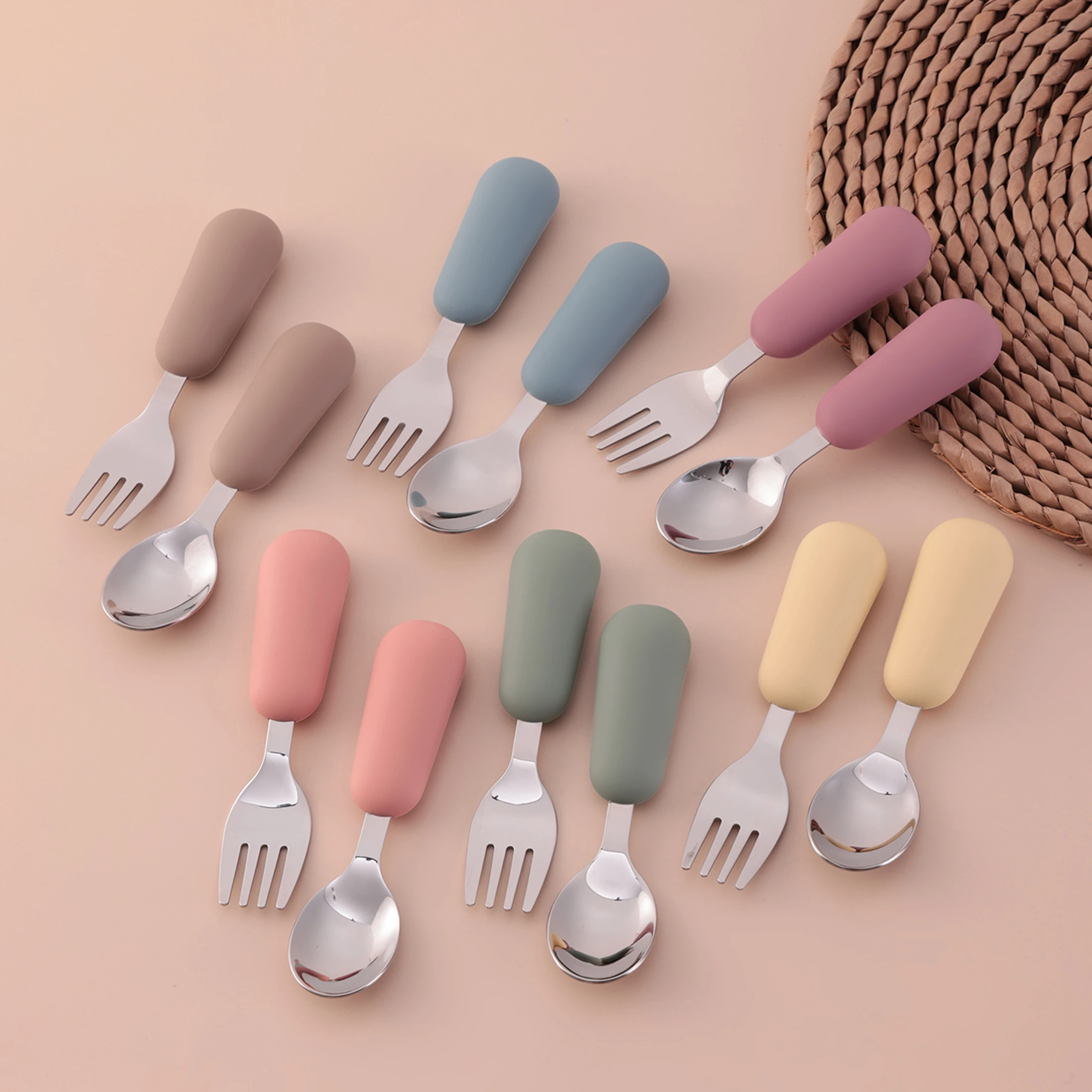 2PCS Stainless Steel Infant Feeding Utensils Set Silicone Handle Non Slip Grip Food Grade Safe Toddler Cutlery Baby Stuff