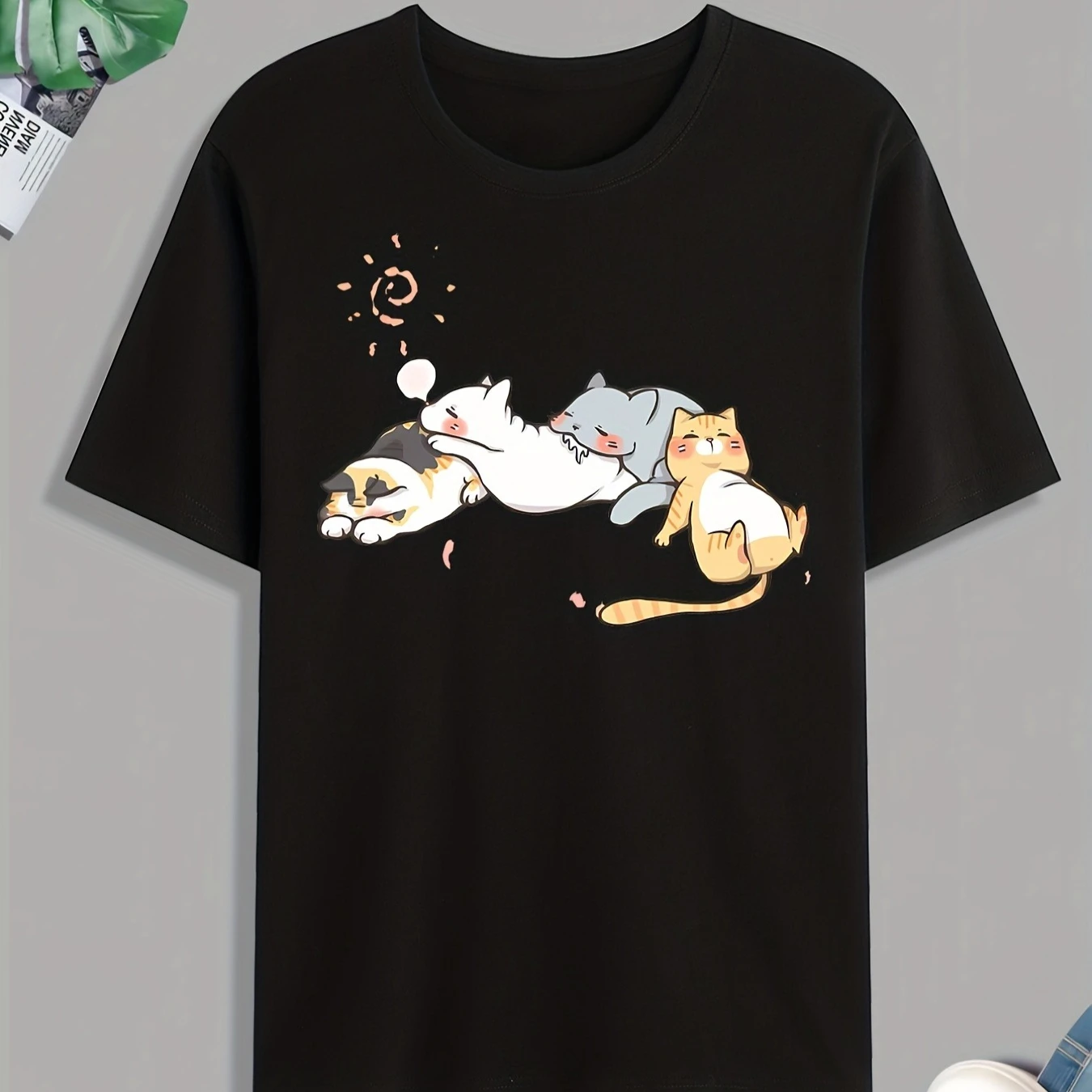 Cute Cats Napping Print T-Shirt 100% Cotton O-Neck Short Sleeve Summer Casual Mens T-shirt Streetwear