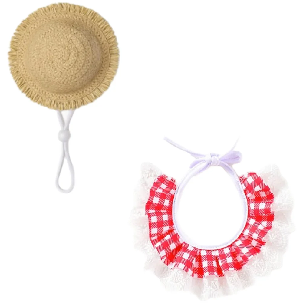 For Pet Costume Hat Mimicking Goose Appearance with Straw Hat and Lace Bib - Yellow Red Green Black 13x13x4cm Hat 18-20cm Bib