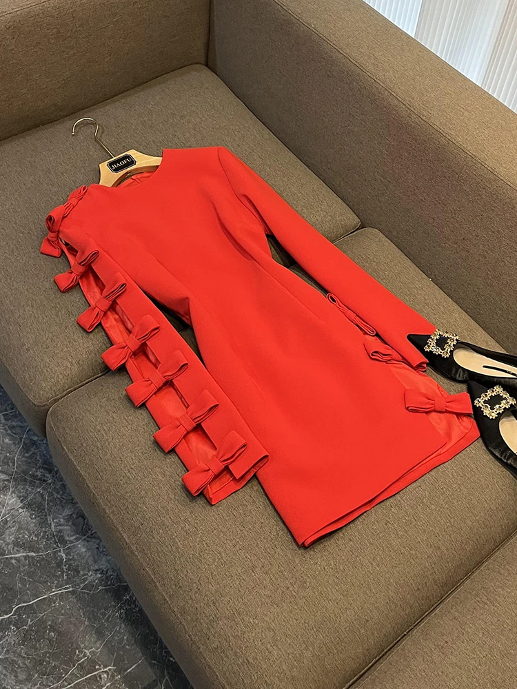 Fashion Hollow Out Designed Bowtie Lady Street Wear Long Sleeve O-neckline Slim Fitted Women Mini Formal Solid Dress