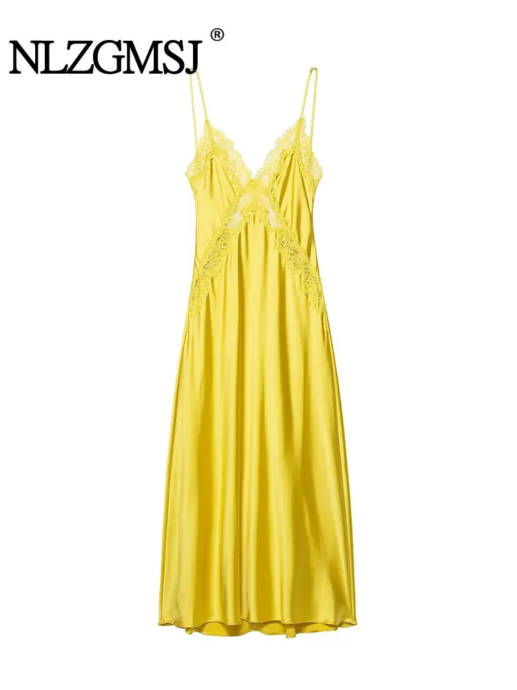 เดรสผ้าซาตินสีเหลืองประดับลูกไม้แบบสายเดี่ยว รุ่น NLZGMSJ ประจำฤดูใบไม้ร่วงปี 2025 สำหรับผู้หญิง ดีไซน์หรูหรา คอวี โชว์หลัง แขนกุด สไตล์เก๋ไก๋ เหมาะสำหรับงานปาร์ตี้และคลับ