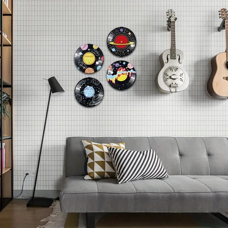4PC Space Planet Astronaut Vinyl Record Metal Tin Sign Set Galaxy UFO Round Iron Plaque Retro Teen Room Bedroom Wall Decor