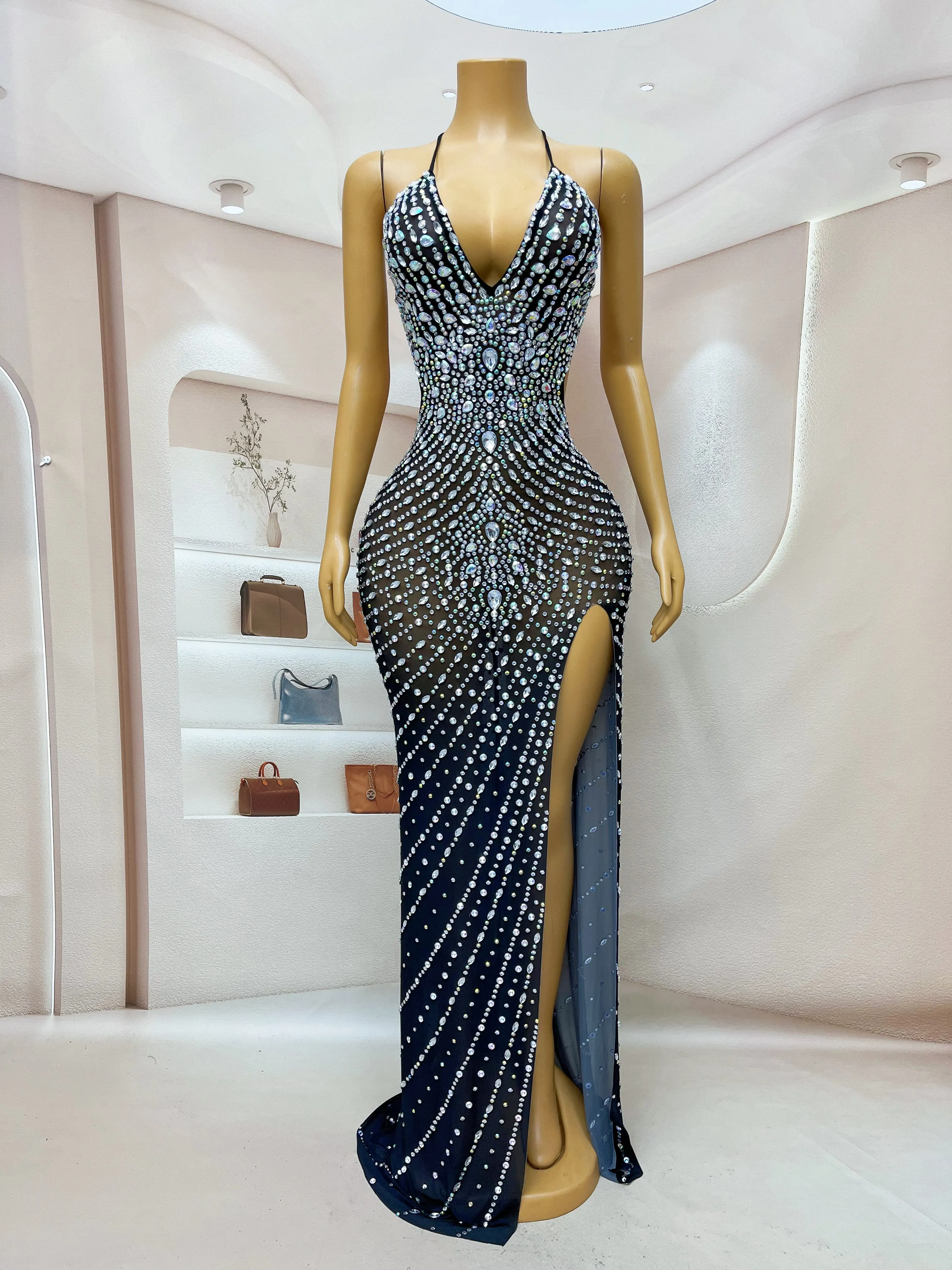 2024 Summer Silver AB Rhinestones Black Backless Split Dress Birthday Woman Sexy Dance Outfit Dance Costume yuehen