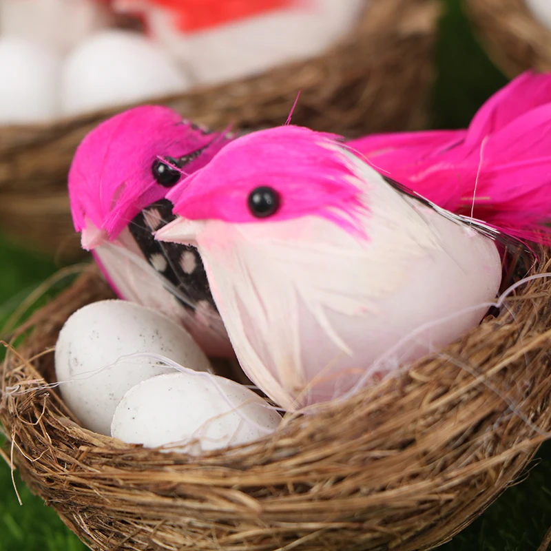 1 Set Cute Artificial Feathered Birds & Nest & Egg Creative Craft Birds Sculpture