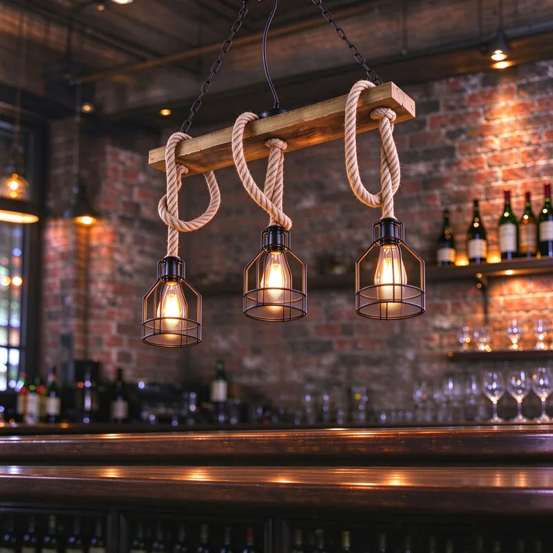 3 Heads Retro Wooden Chandelier Light Restaurant Dining Room Pendant Lamp Cafe Bar Lighting Iron Hemp Rope Hanging Lamp