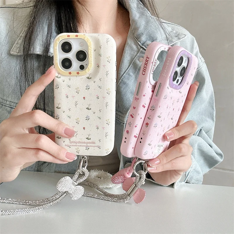 

Korean Cute Flower Cherry Case For iPhone 16 Pro 13 14 15 Pro Max Phone Cover with Bowknot Hand Strap Protective Cases Girls
