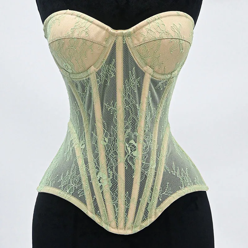 

Women Fancy Corset Bustier With Bra Transparent Floral Lace Bodice Steel Boned Tight Fitting Crop Tops Slimm Waist Tummy Control