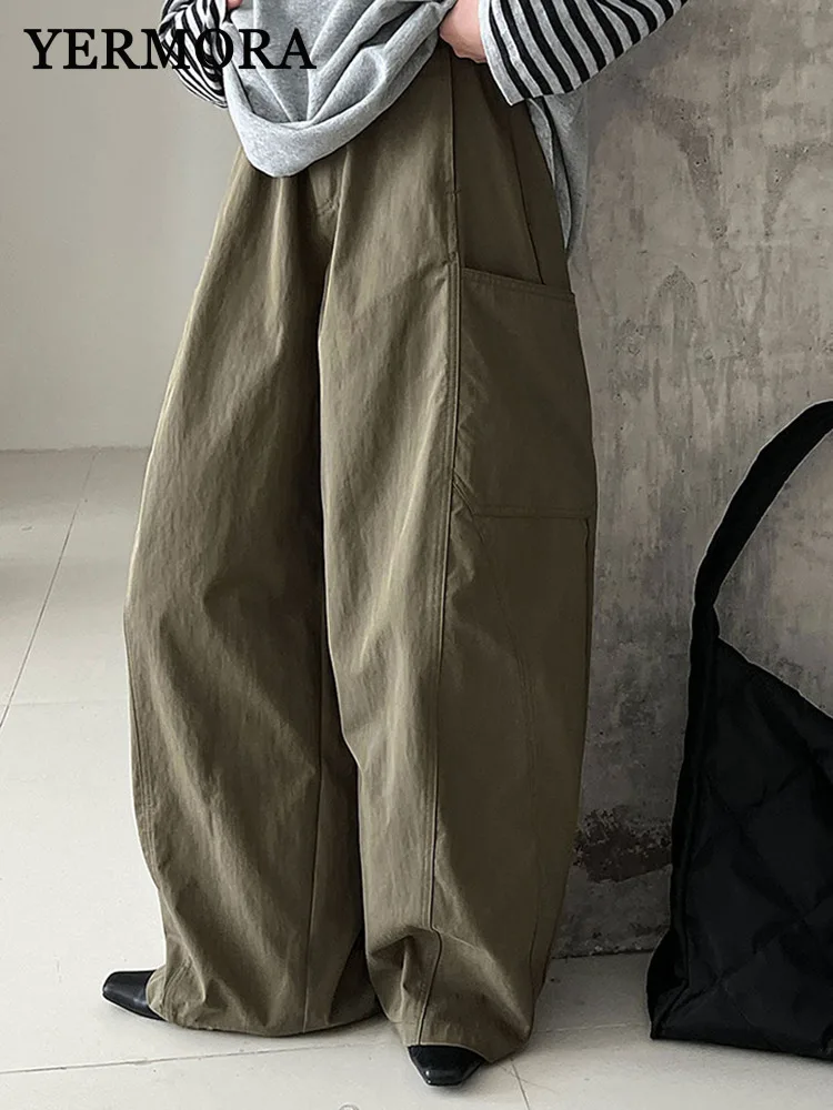 

YERMORA High Waist Green Big Pocket Casual Wide Leg Pants For Women Loose New Trousers Fashion Tide Spring Autumn 2025