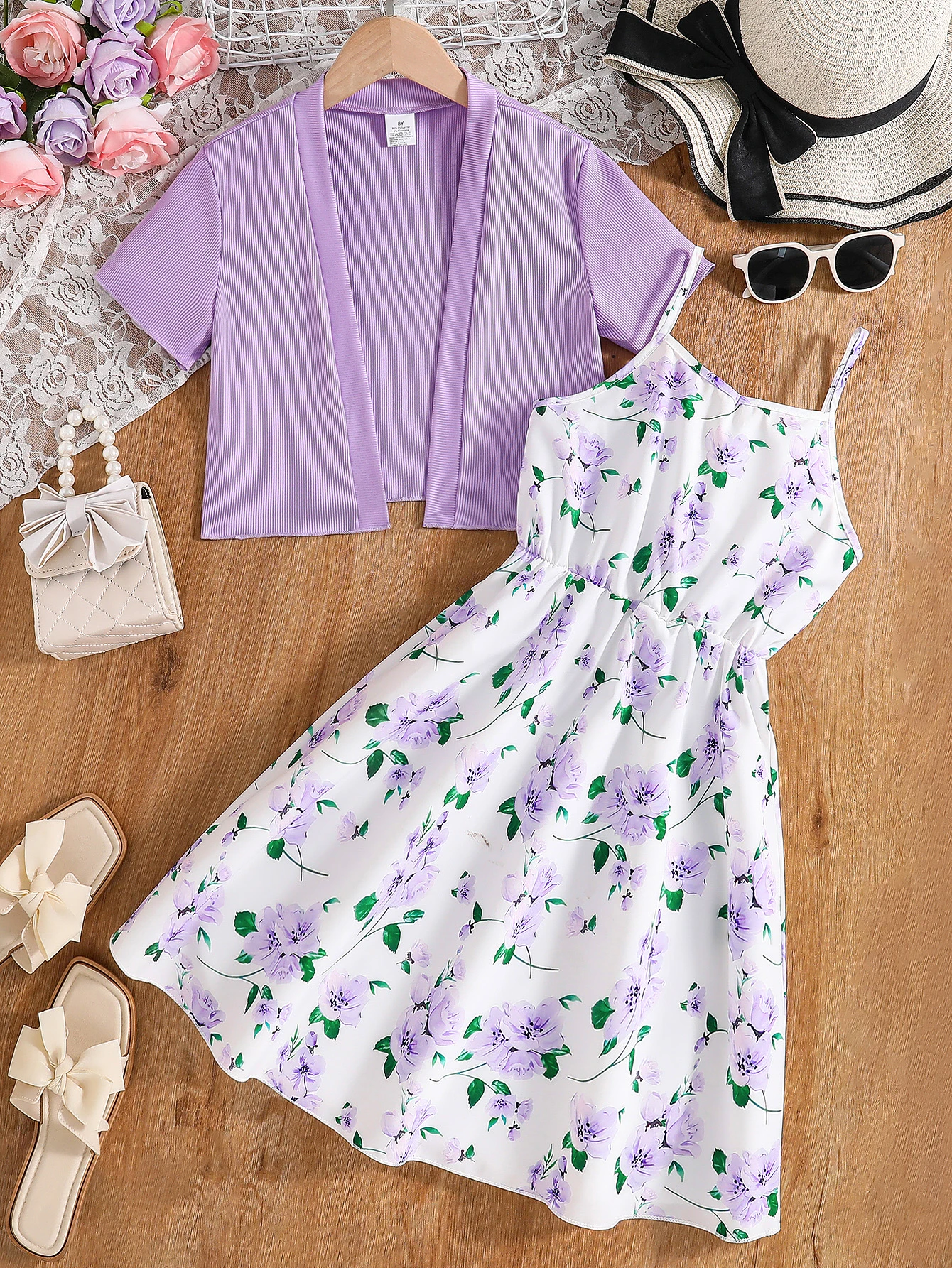 2-teiliges Sommer-Strick-Cardigan-Set für Mädchen und Neckholder-Kleid mit Blumendruck – atmungsaktive Strand-Outfits