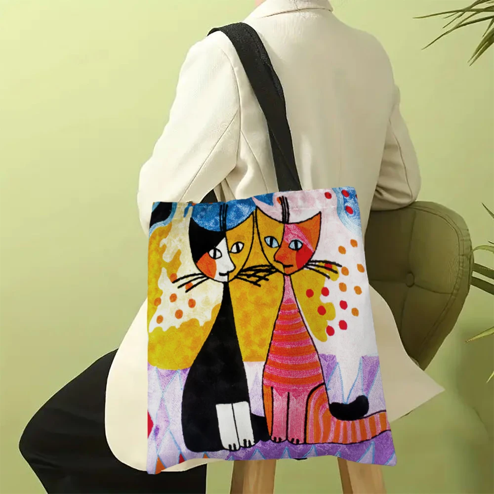 Tote Bag With Cartoon Cats Oil Painting Reusable Foldable Leisure Handbag Portable Shoulder Bag For Class Shopping Gym