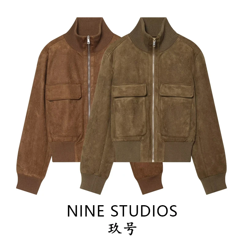 NINE ZAR Women's Velvet Texture Zipper Decorated Pilot Jacket Outerwear 3046256 Short Coat Standard Fit Long Sleeve Zipper Cl...