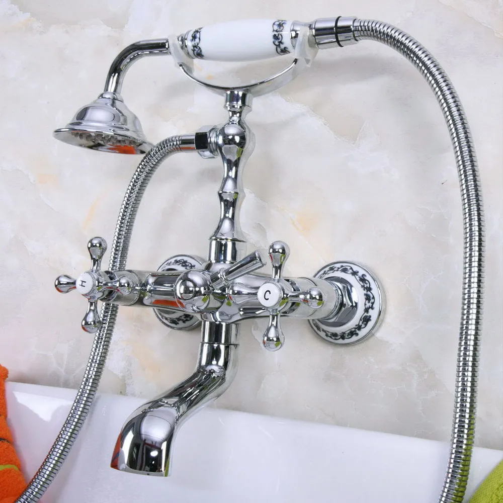 

Chrome Brass Bathroom Tub Faucet W/Hand Shower Sprayer Clawfoot Mixer Tap Wall Mounted Lna184