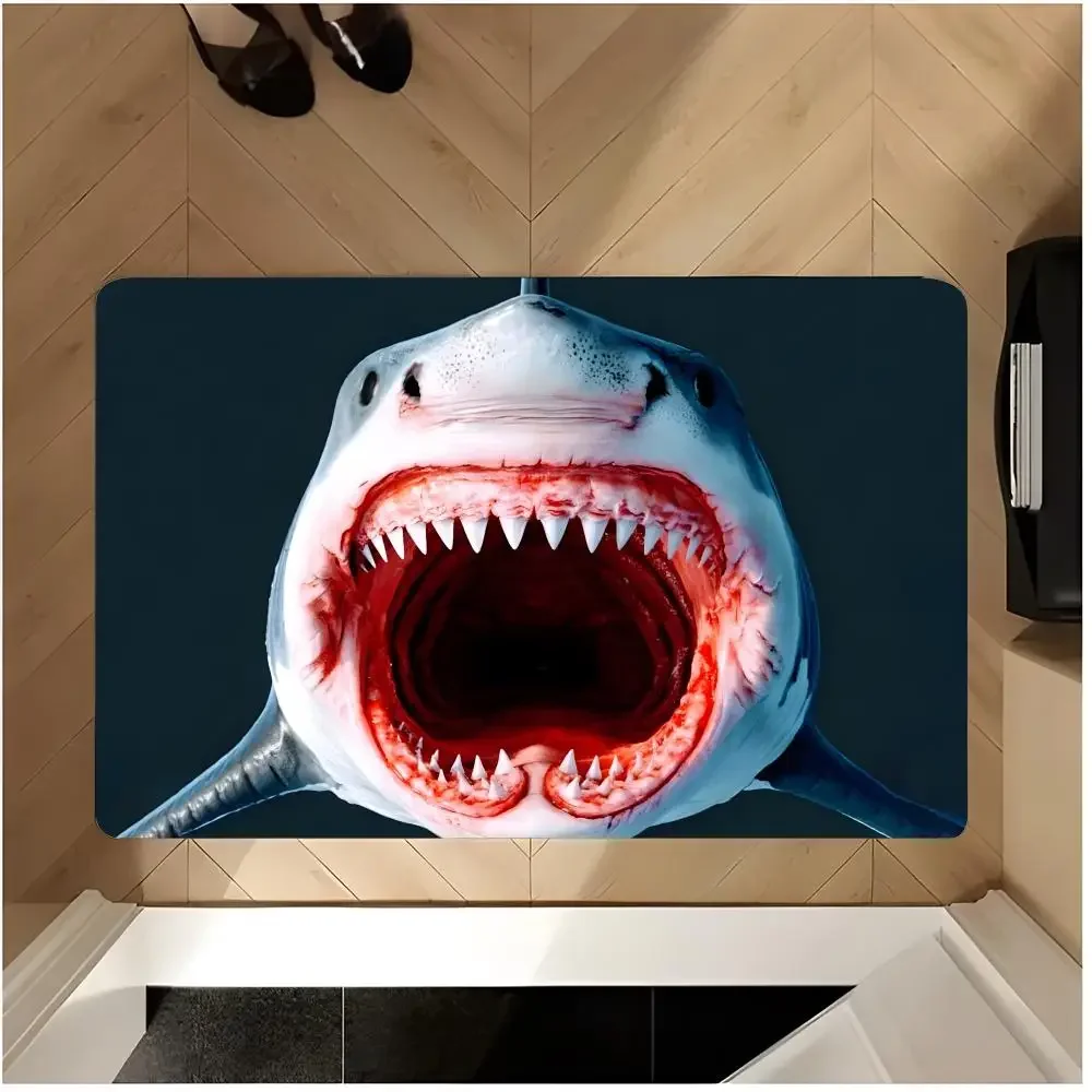 marine animal stereo graphic print 3D Shark Floor Mat Washable Absorbent Flannel Door Mat Non-Slip Indoor Floor Rug