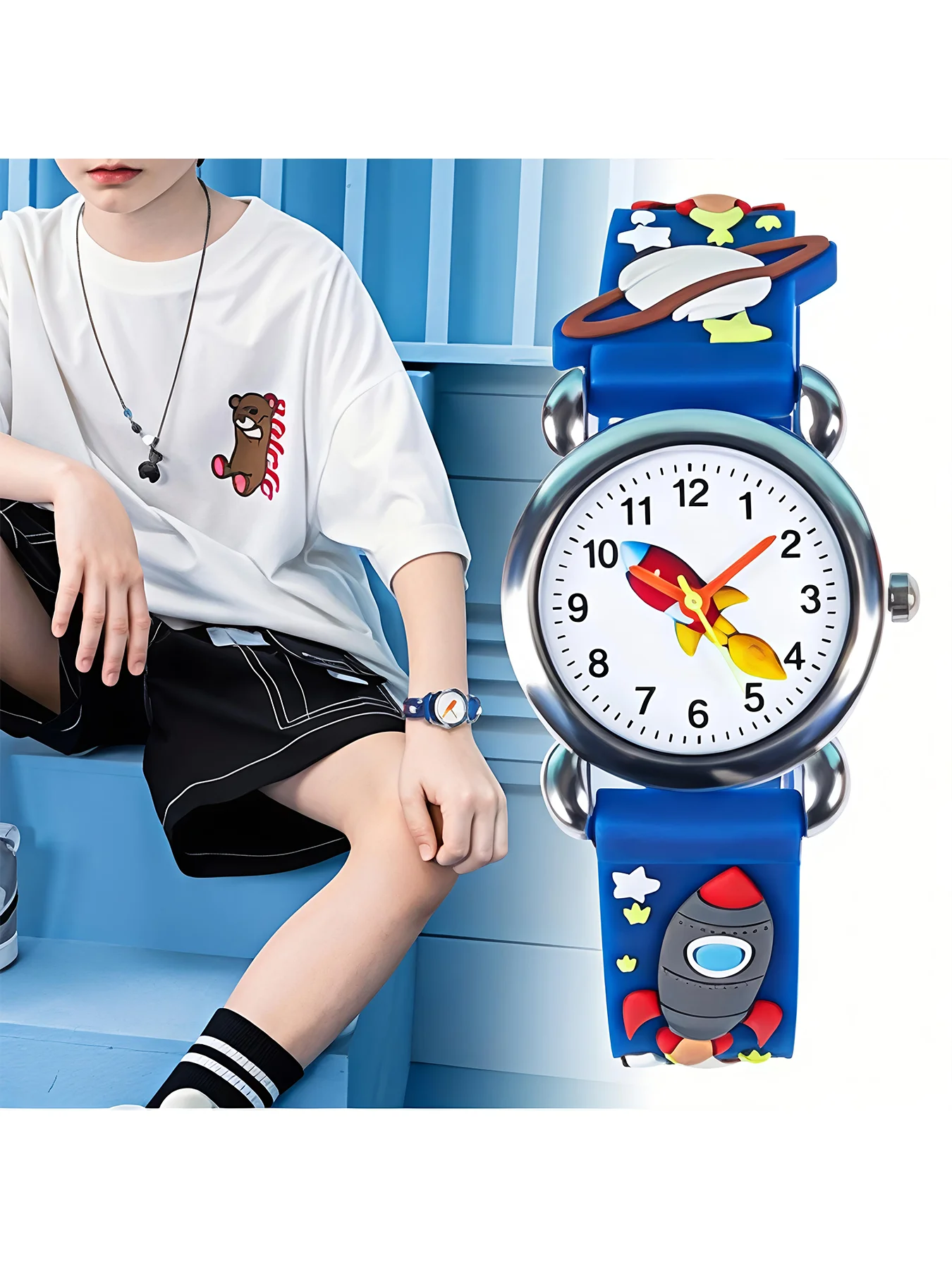 

Часы с силиконовым ремешком и 3D-дизайном космической ракеты - аналоговые кварцевые наручные часы с мультяшными планетами