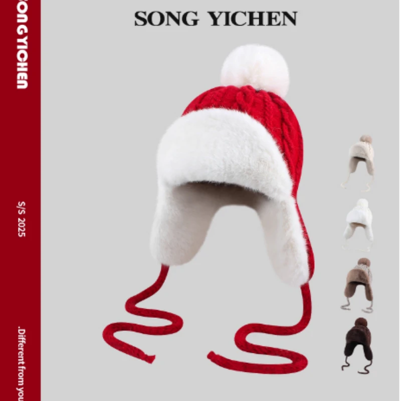 جديد الكورية أفخم محبوك قبعة الطيار الشتاء في الهواء الطلق سميكة الدراجات يندبروف حماية الأذن للحفاظ على الدفء Bomber القبعات للنساء