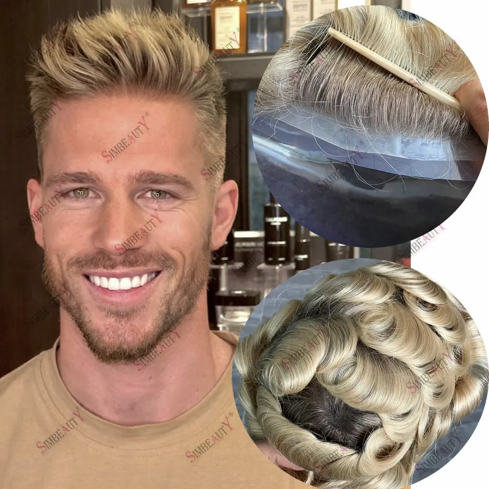 #4 T #613 Blonde 0.08MM Thin Skin PU Base men's hair prosthesis durable men capillary prosthesis toupee for men 100% human hair