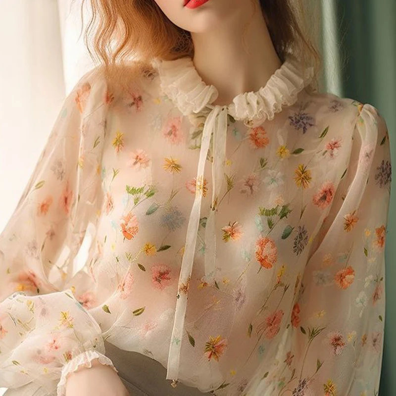 Women\'s Ruffled Floral Printed Lace Up Blouse Vintage Long Sleeve Chiffon Shirt Sweet Chic Fairy Tops 2024 Spring Autumn Blusas