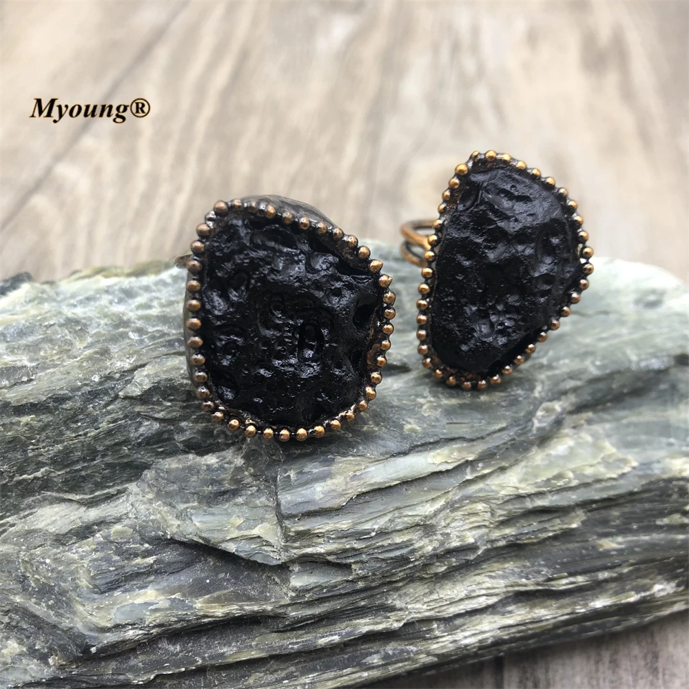 10PCS Wholesale Hand Soldered Freeform Natural Black Meteorolite Quartz Stone Adjustable Rings Boho Women Jewelry MY220749