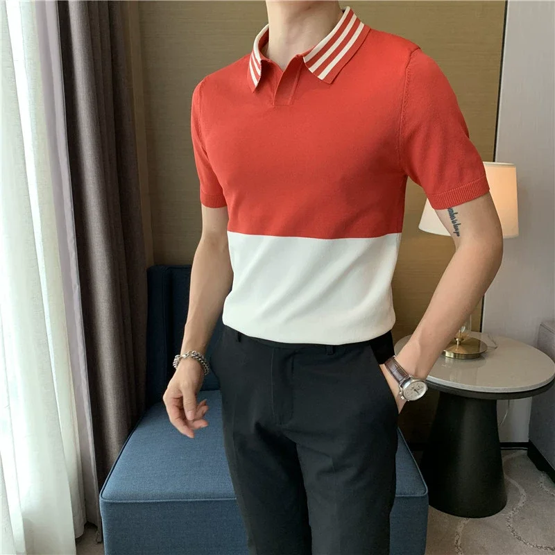 2023 Summer V-Neck Spliced Knitted Polo Shirts Men High Quality Short Sleeve Ice Silk Elasticity Casual Lapel Tee Tops 3XL-M