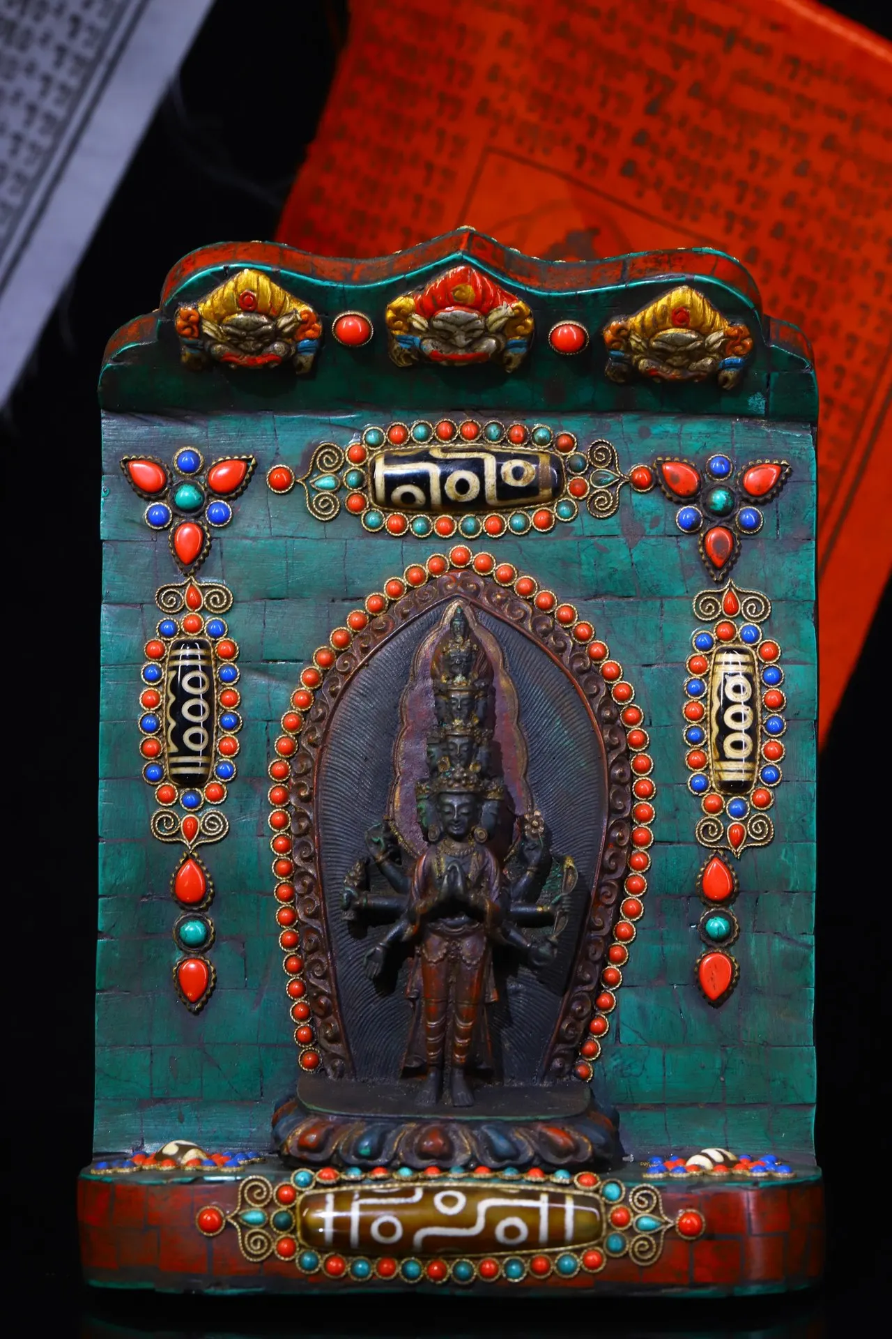 

9"Tibetan Temple Collection Old Bronze Mosaic Gem gZi Beads Turquoise 1000 Arm Guanyin Buddhist Niche Town House Exorcism