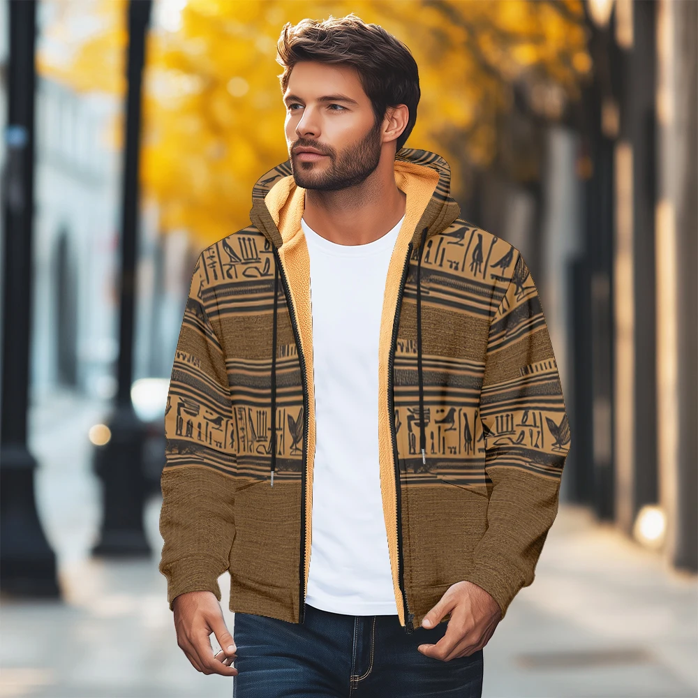 

Thick Warm Sportswear Casual Hooded Cardigan, Fashionable Men's Jacket Printed Winter Cashmere Zipper Jacket Cold Proof and Warm